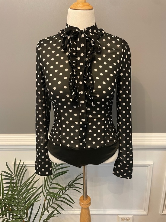 Fashion Nova Tops - Fashion Nova Black and White Polka Dot Ruffle Tie-Neck Blouse
